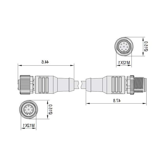 M12 8Pin、母头直型转公头直型、双端预铸PVC非柔性电缆、灰色护套、64D383-XXX